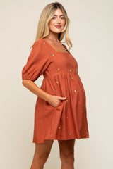 Rust Ribbed Button Front Flower Embroidered Maternity Dress