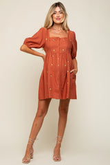 Rust Ribbed Button Front Flower Embroidered Maternity Dress