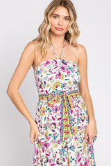 Multicolor Floral Halter Waist Tie Midi Dress