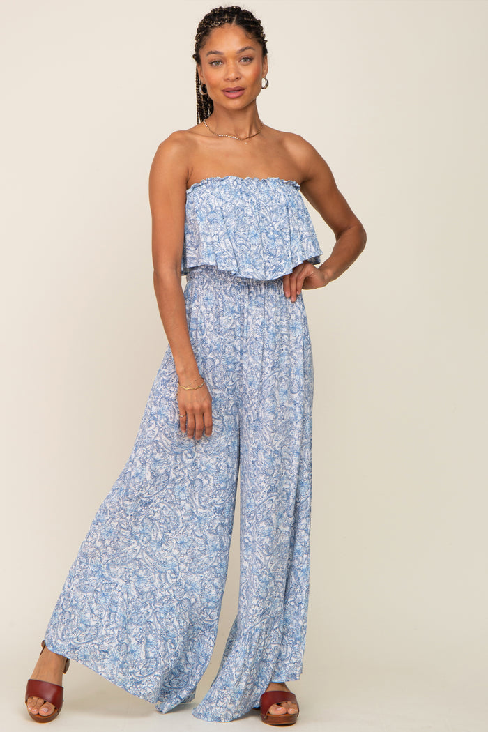 Light Blue Paisley Ruffle Strapless Maternity Jumpsuit