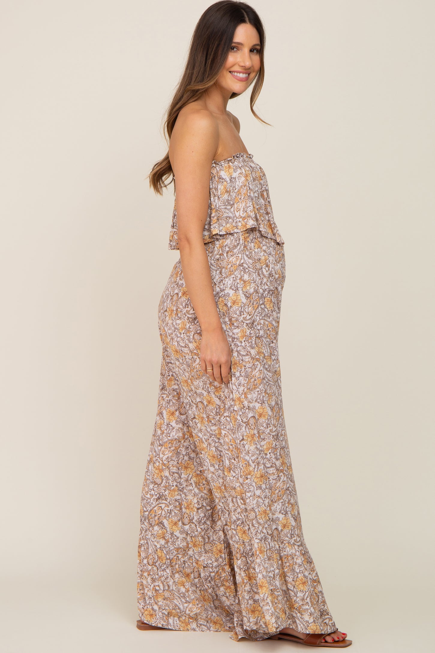 Taupe Paisley Ruffle Strapless Maternity Jumpsuit