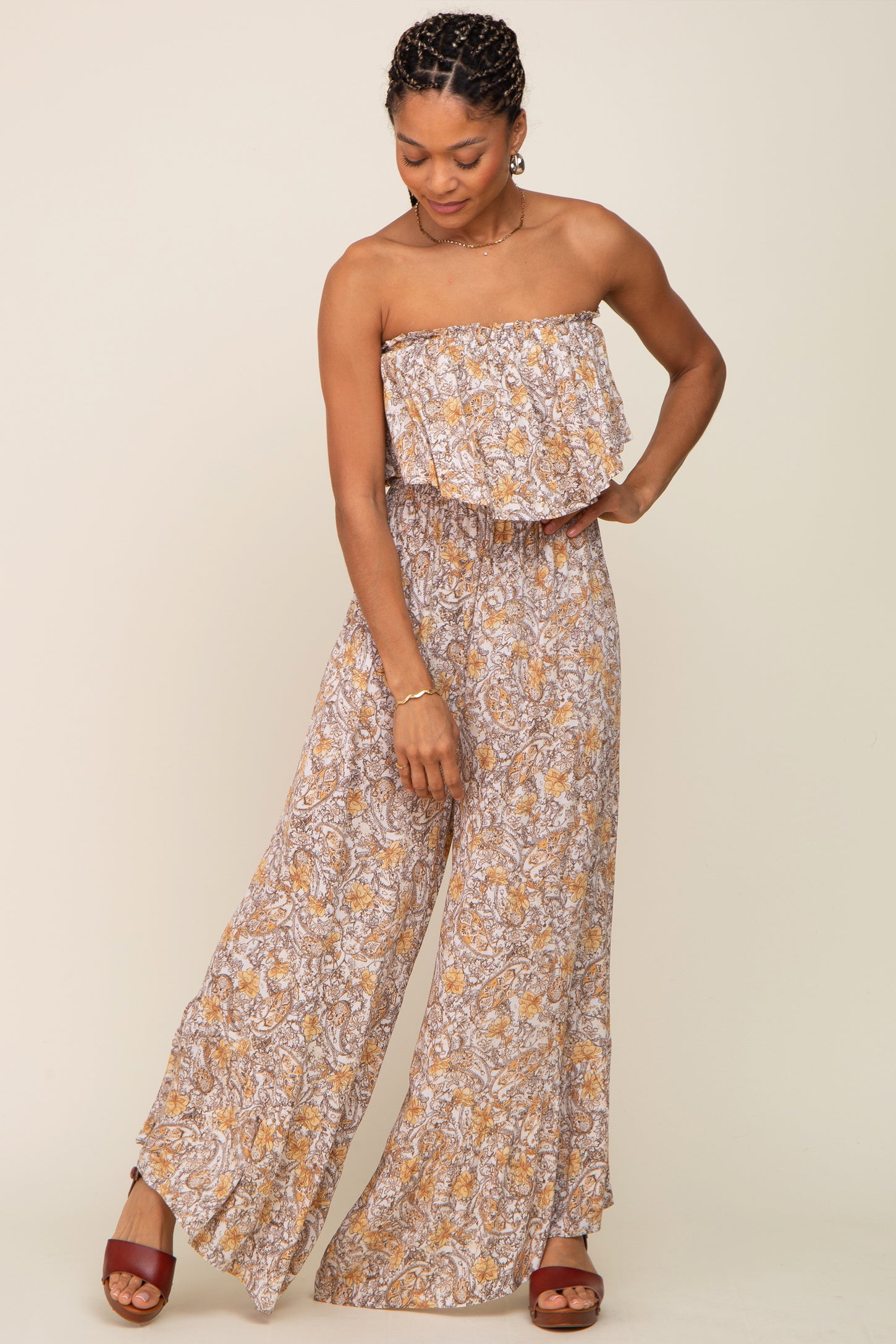 Taupe Paisley Ruffle Strapless Jumpsuit