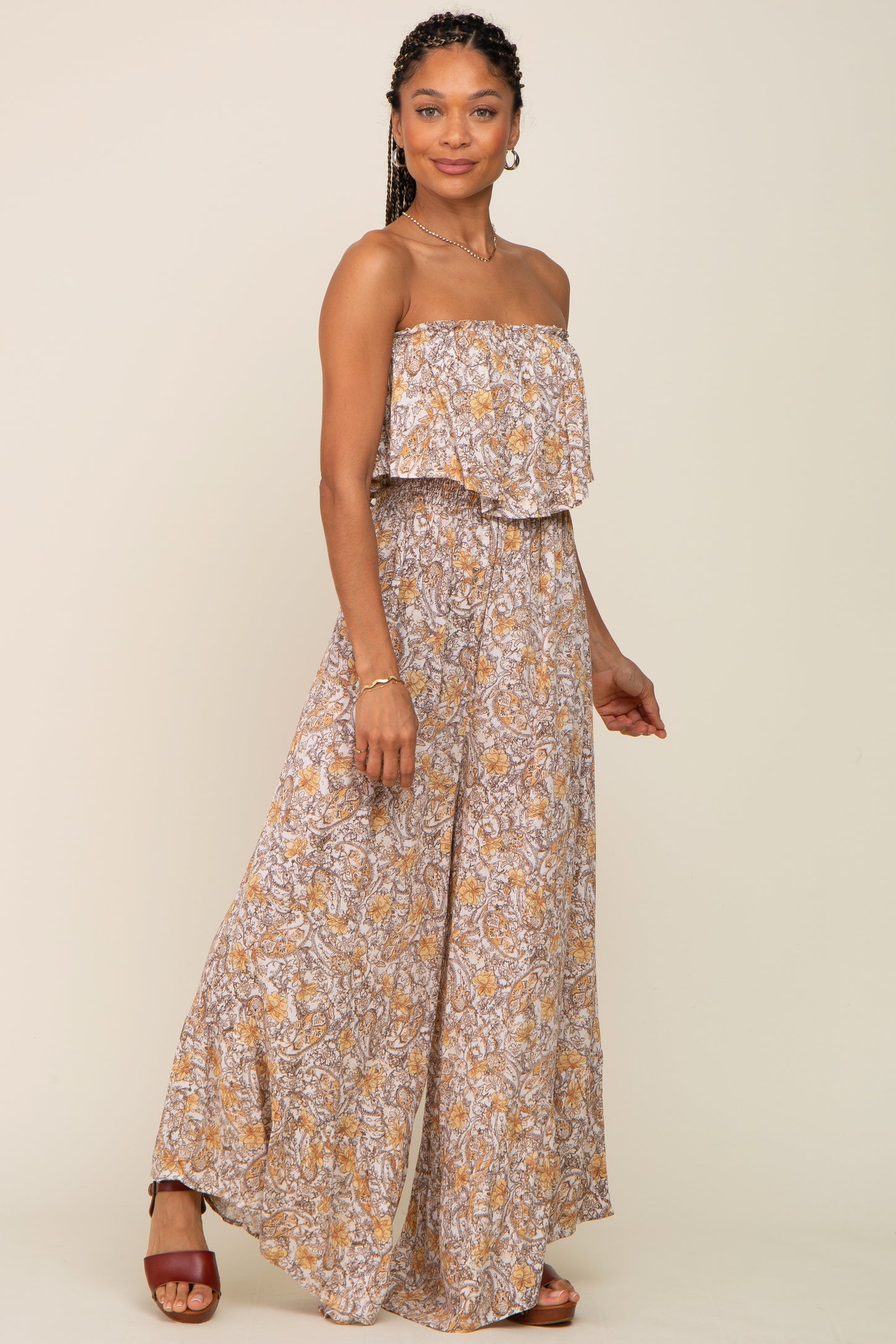 Taupe Paisley Ruffle Strapless Jumpsuit