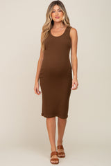 Brown Ribbed Sleeveless Fitted Maternity Dress