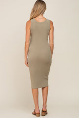 Olive Ribbed Sleeveless Fitted Maternity Dress