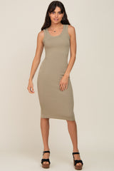 Olive Ribbed Sleeveless Fitted Dress