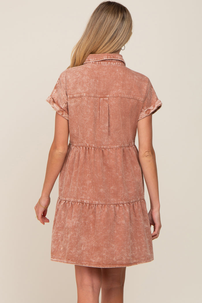 Rust Faded Denim Front Pocket Maternity Dress