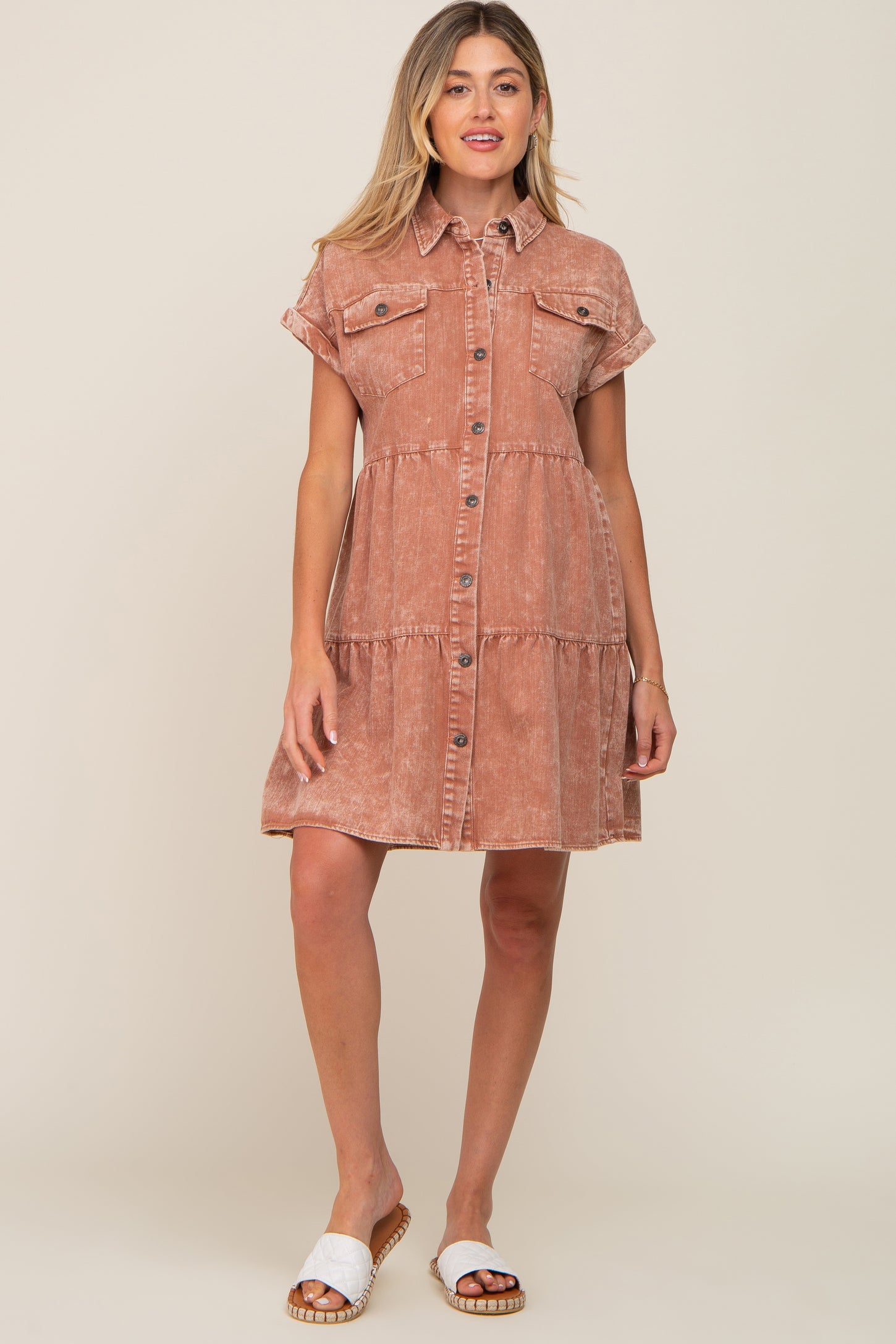 Rust Faded Denim Front Pocket Maternity Dress