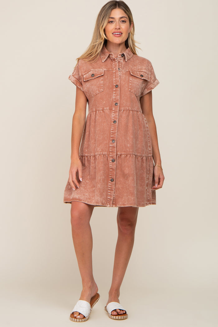 Rust Faded Denim Front Pocket Maternity Dress