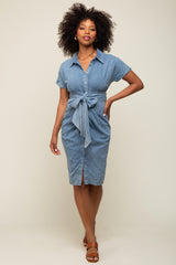 Blue Chambray Front Tie Button Up Dress