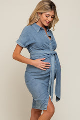 Blue Chambray Front Tie Button Up Maternity Dress