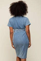 Blue Chambray Front Tie Button Up Dress