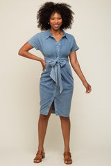 Blue Chambray Front Tie Button Up Dress