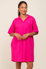 Fuchsia Linen Collared Front Pocket Short Sleeve Dress