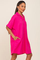 Fuchsia Linen Collared Front Pocket Short Sleeve Dress