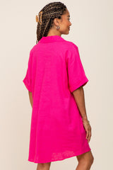 Fuchsia Linen Collared Front Pocket Short Sleeve Dress