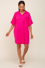 Fuchsia Linen Collared Front Pocket Short Sleeve Dress