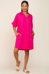 Fuchsia Linen Collared Front Pocket Short Sleeve Dress