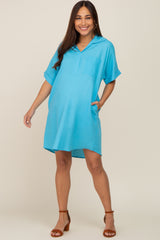 Light Blue Linen Collared Front Pocket Short Sleeve Maternity Dress