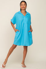 Light Blue Linen Collared Front Pocket Short Sleeve Dress