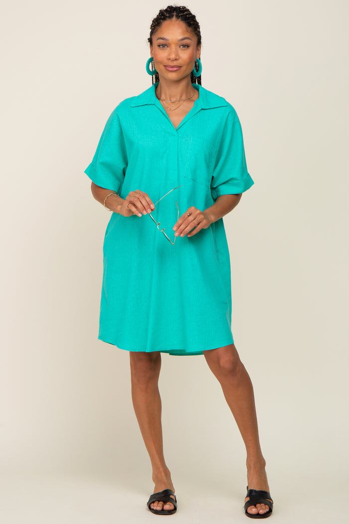Aqua Linen Collared Front Pocket Short Sleeve Maternity Dress