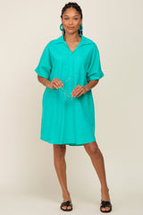 Aqua Linen Collared Front Pocket Short Sleeve Dress