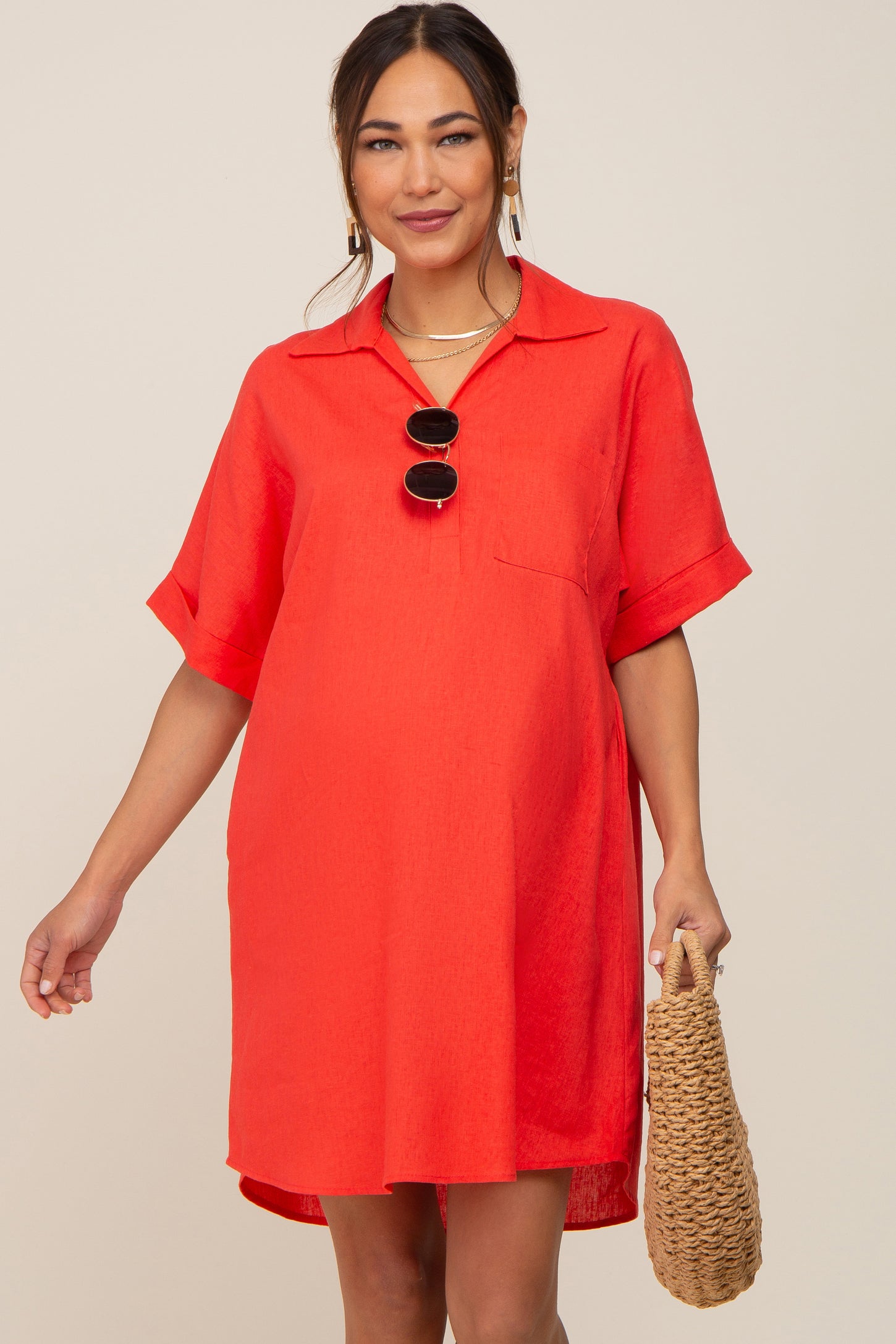Orange Linen Collared Front Pocket Short Sleeve Maternity Dress