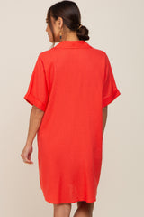 Orange Linen Collared Front Pocket Short Sleeve Maternity Dress