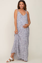 Grey Animal Print Shoulder Tie Maternity Maxi Dress