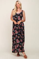 Black Floral Shoulder Tie Maxi Dress