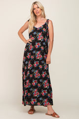 Black Floral Shoulder Tie Maxi Dress