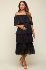 Black Striped Layered Maternity Midi Dress