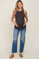 Black Striped Ruffle Trim Maternity Sleeveless Top