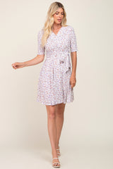 Ivory Floral Wrap Front V-Neck Short Sleeve Dress