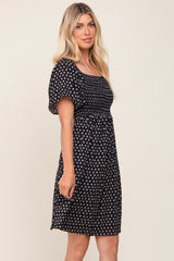 Black Printed Smocked Flutter Sleeve Dress