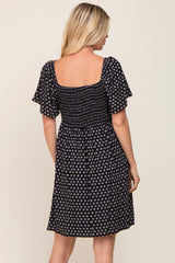 Black Printed Smocked Flutter Sleeve Dress