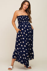 Navy Daisy Smocked Strapless Maternity Midi Dress