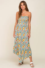 Light Olive Floral Smocked Strapless Midi Dress