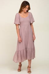 Mauve Smocked Ruffle Hem Maternity Maxi Dress