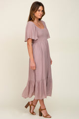 Mauve Smocked Ruffle Hem Maxi Dress