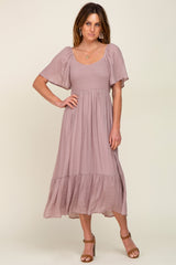 Mauve Smocked Ruffle Hem Maxi Dress