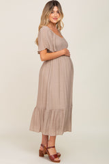 Mocha Smocked Ruffle Hem Maternity Maxi Dress