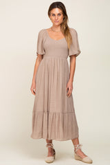 Mocha Smocked Ruffle Hem Maxi Dress