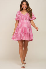 Pink Plaid Ruffle Tiered Maternity Dress