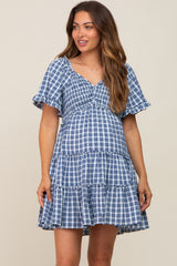 Navy Plaid Ruffle Tiered Maternity Dress