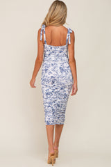 Blue Floral Shoulder Tie Ruched Maternity Midi Dress