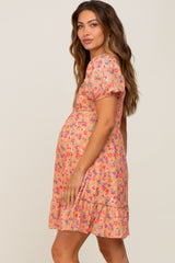Orange Floral Sweetheart Ruched Front Short Sleeve Maternity Dress