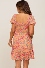 Orange Floral Sweetheart Ruched Front Short Sleeve Maternity Dress