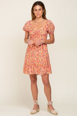 Orange Floral Sweetheart Ruched Front Short Sleeve Dress