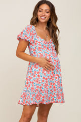 Ivory Floral Sweetheart Ruched Front Short Sleeve Maternity Dress